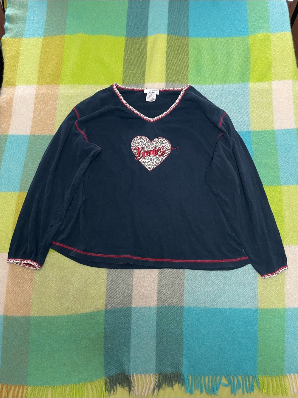 Bloomingdale's Navy Long-Sleeve Tee with Leopard Heart and Red Trim